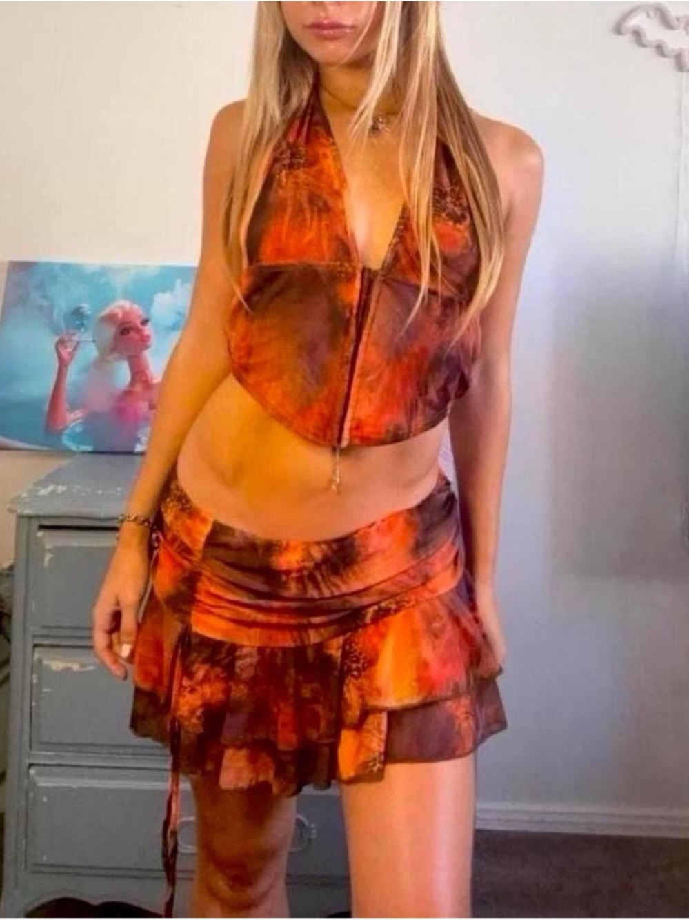 going out two piece matching corset & skirt set orange & brown animal print